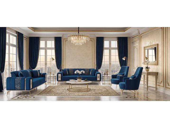 Xlmoebel Polstergarnitur Elegante Sofa-Garnitur in Blau und Gold mit stilvollen Textilien, (4-tlg), Made in Europa