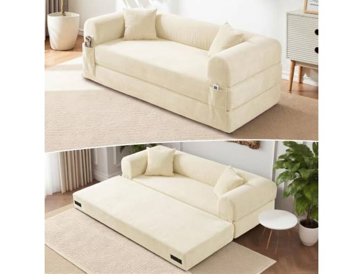 finoki Schlafsofa 203cm Breit, 3-in-1 Sofa Bed Boneless Couch Cord Sofa, Langlebig Cord mit Hochdichter Schaumstoff Rückenpolster Sofa fürs Wohnzimmer, BEIGE