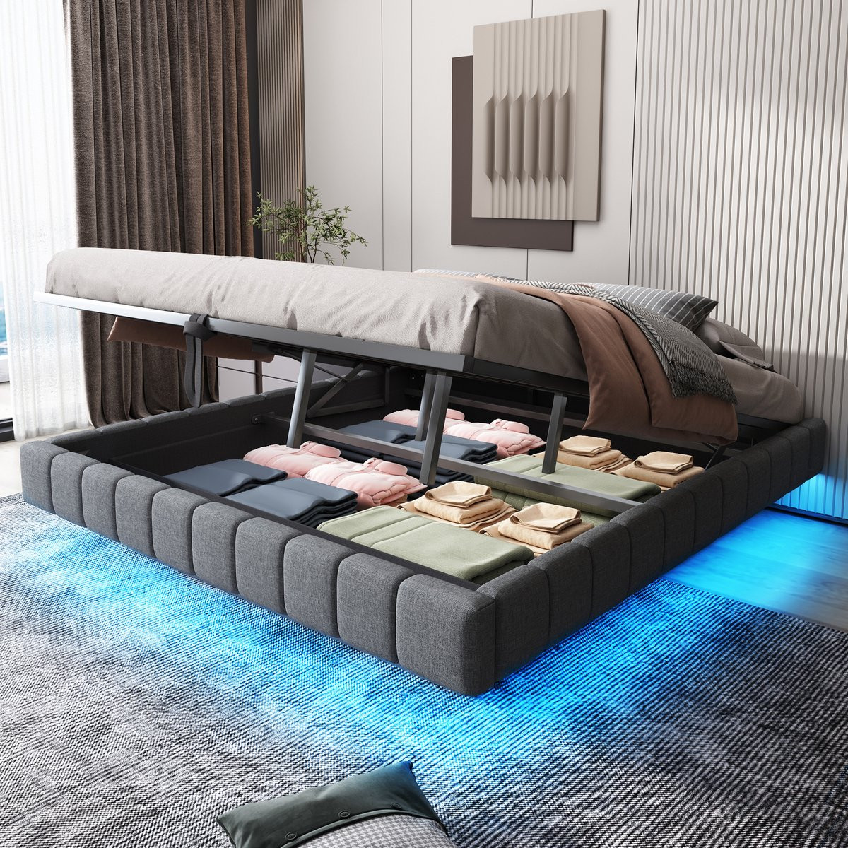 MODENUIT Gestoffeerd bed met LED-verlichting en hydraulische opbergruimte, Grijs, 180 x 200 cm