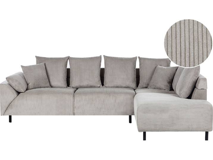 BELIANI 4-Sitzer Ecksofa Linksseitig Hellgrau Cordbezug mit Dekokissen Hohe Schwarze Metallbeine Abziehbare Kissenbezüge Modern Trendig Polstersofa