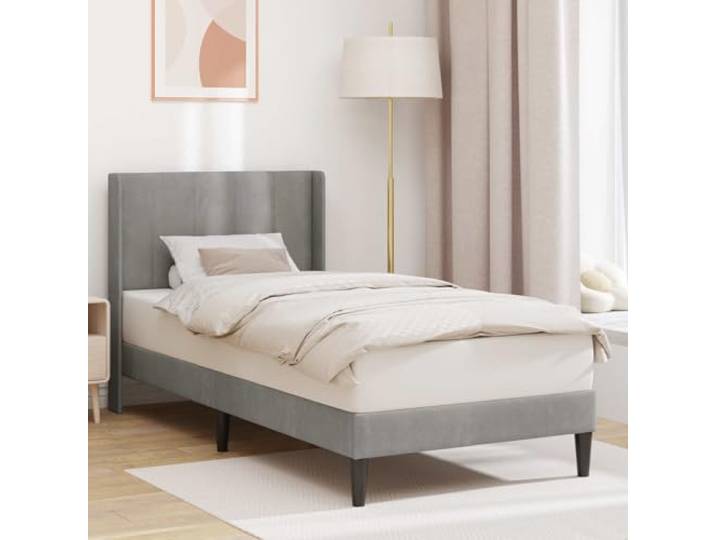 RJPLMFV Bettgestell, Velours, Hellgrau, 90 x 190 cm Mit Kopfteil, robustem Sperrholz, festen Latten, gedrehten Füßen, pflegeleicht