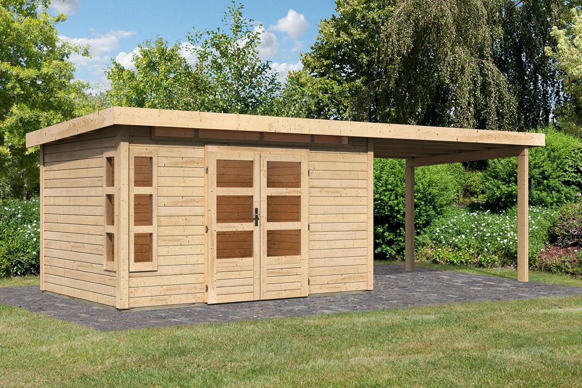 KARIBUHOLZT SH Kastorf 7 natur 364x244x230 im Set mit Anbaudach 3,2 m 16927920