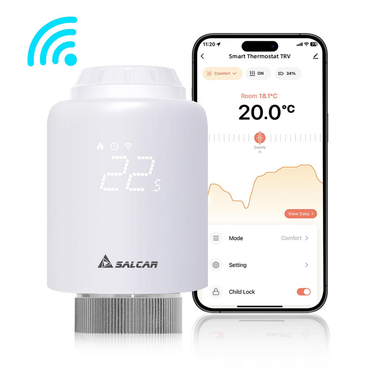 Salcar Slimme WiFi Radiatorthermostaat, Programmeerbare Verwarmingsthermostaat