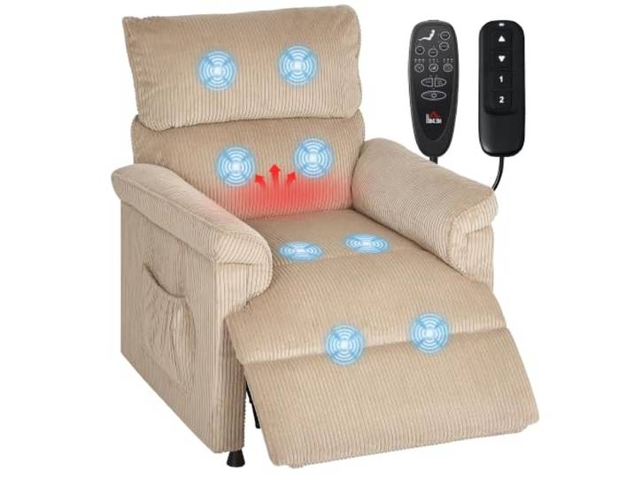 HOMCOM Relaxsessel Fernsehsessel mit Vibrationsmassage, Kord, Braun Heiz- und Liegefunktion, Memory-Funktion, Geräuscharm TV Sessel, Fernbedienung, USB-Ladeanschluss, Seitentasche