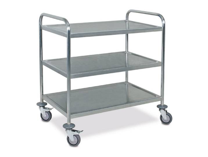BRB-Lagertechnik Servierwagen Edelstahl-Servierwagen, 3 Etagen, LxBxH 860x540x940 mm, Antidröhnbelag für angenehmes, ruhiges Beladen und Fahren.