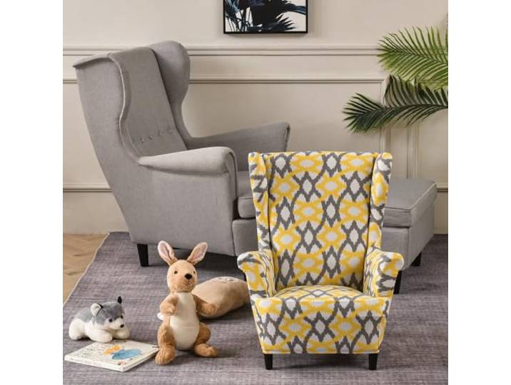 Highdi Enfant Housse de Fauteuil à Oreilles Extensible 2-Pièces Couverture de Fauteuil avec Housse de Coussin en T\, Mode Strandmon Housse de Fauteuil Antidérapante (géométrie Jaune)