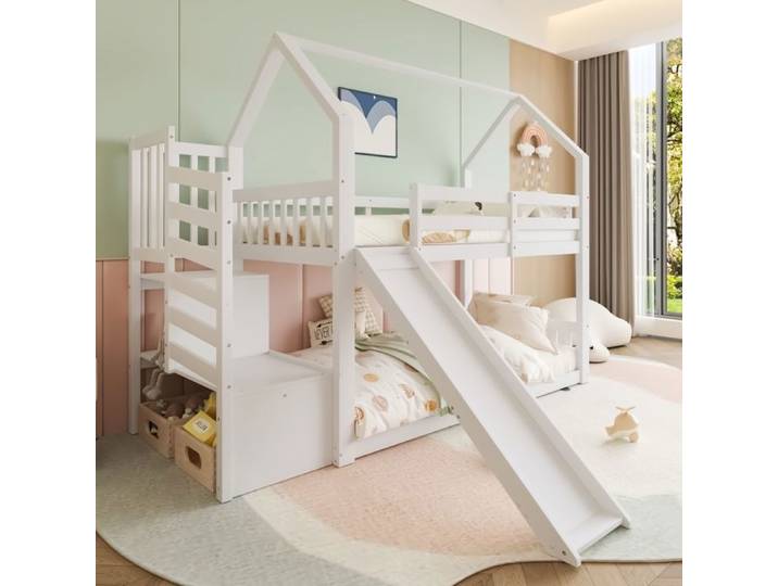Lit superposé Enfant 90x200cm avec Toboggan Lit cabane avec Escalier de rangement Lit enfant avec Sommier et barriere cadre pin