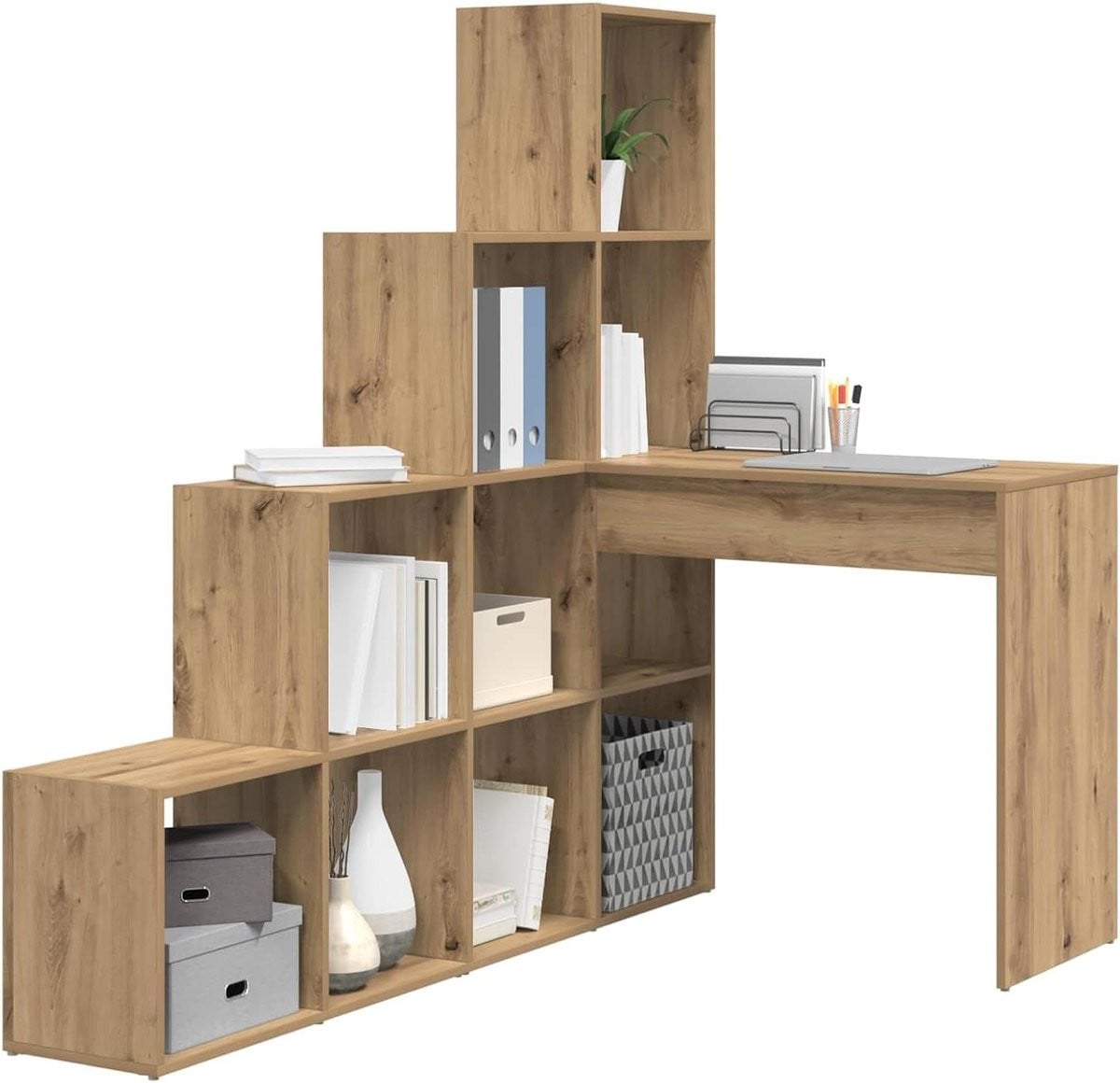 Merkloos L-vormig hoekbureau met opslag voor uw home office