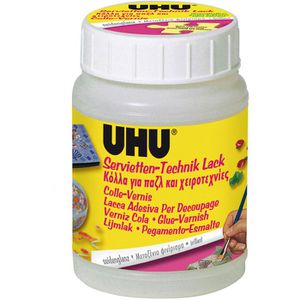 UHU Textilkleber 47435 Servietten-Technik Lack, Seidenglanz, transparent, wasserfest, 150ml