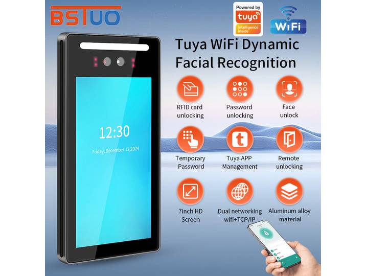 Contrôle d'accès et pointage des heures avec reconnaissance faciale biométrique, caméra 2MP, écran tactile LCD 7 pouces, prise en charge de l'application Tuya et API Cloud gratuite, accès par mot de