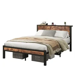 OKWISH Metallbett 140x200 mit Stauraum-Kopfteil – Klassisches Design in Vintage Braun mit robuster Metallrahmenkonstruktion
