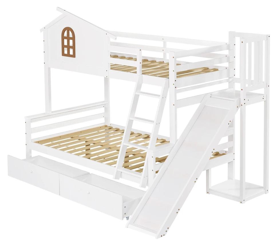 Kinderbett - Etagenbett - 90 x 200 cm - Rutsche - 4-stufige Leiter - Fensterdesign - Rahmen aus Massivholz und MDF mit 2 Schubladen - Weiß