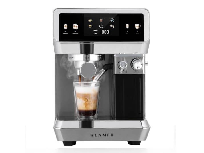 KLAMER Siebträgermaschine 20 Bar, Milchtank, Touch Display, 1,8L Tank Espresso, Cappuccino & Latte auf Knopfdruck, Thermoblock, Temperatur einstellbar, Selbstreinigung, Entkalkung, Tassenwärmer
