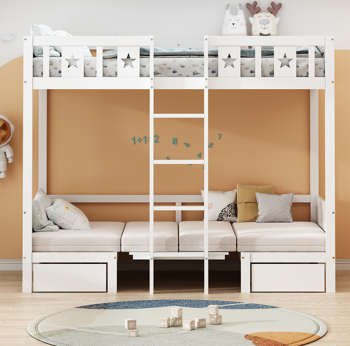 Hausbett mit zwei großen Schubladen und Leiter Bett/Schreibtisch 2 in 1 Etagenbett Multifunktionales Kinderbett Etagenbett Selbst Gepolstert Weiß