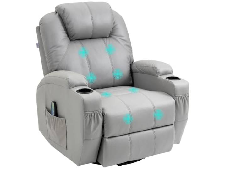 HOMCOM Relaxsessel mit Massagefunktion Fernsehsessel Wippfunktion Grau Liegefunktion, Drehbar Massagesessel mit Federsystem, Fernbedienung, Becherhalter, Seitentasche