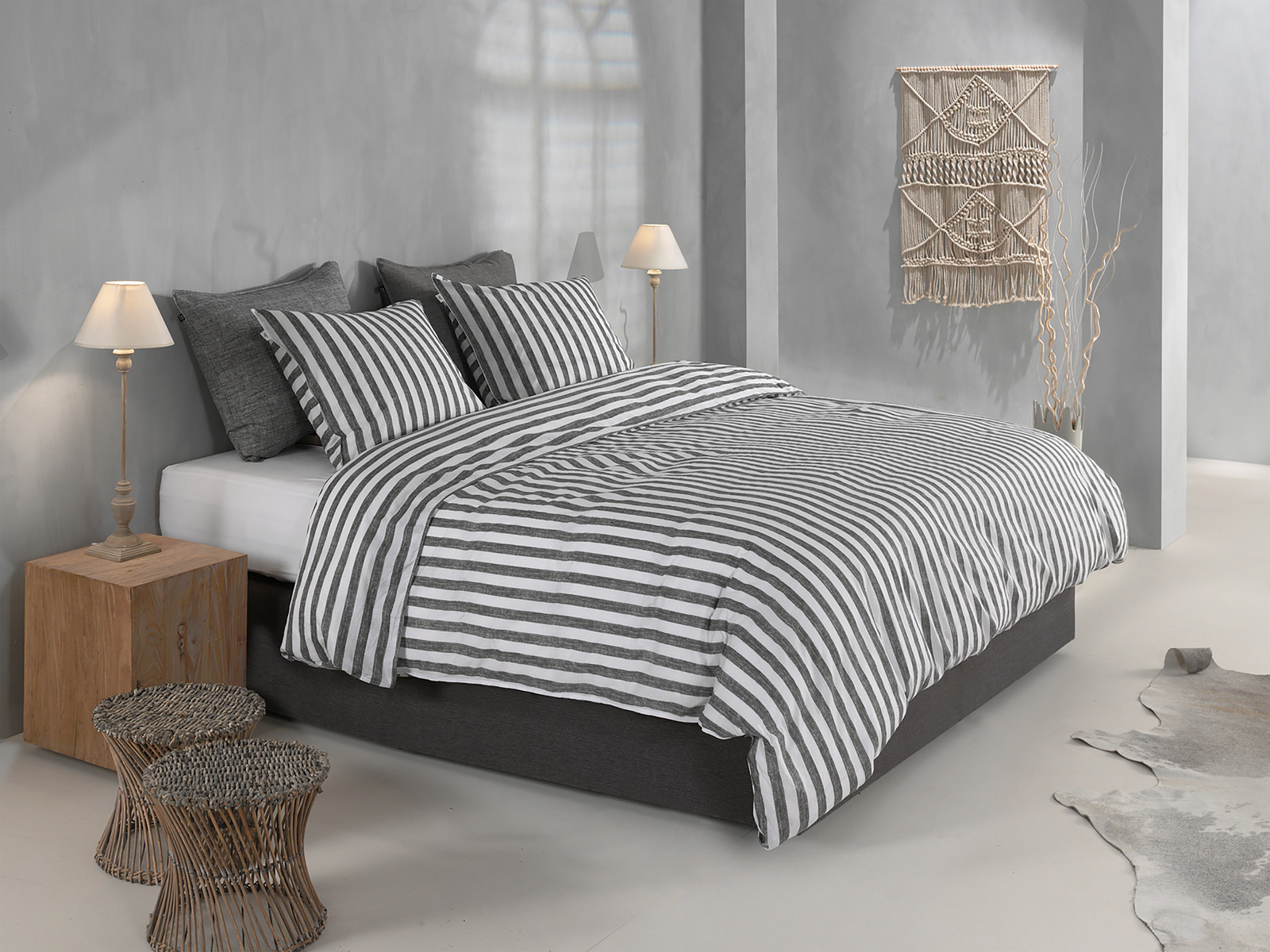 Heckett Living Banda di Lino Renforcé Beddengoed Set - Grijs - Breedte: 240 cm, Diepte: 260 cm