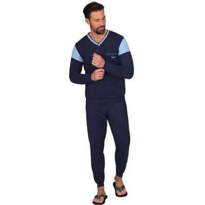 Schlafanzug TRIGEMA "TRIGEMA Schlafanzug in modischem Design", Herren, Gr. S, blau (navy), Single Jersey, 100% Baumwolle, Basic, V-Ausschnitt, Homewear-Sets Schlafanzug