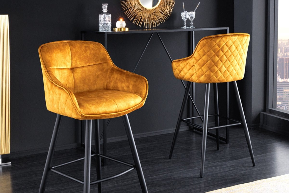 Invicta Interior Design barkruk EUPHORIA mosterdgeel fluweel met zwarte metalen poten en rugleuning