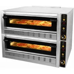 Professioneller doppelter Gas-Pizzaofen für 12 Pizzen Ø 30 cm. Pizzaofen für die Gastronomie mit Schamottstein für Pizzerien.