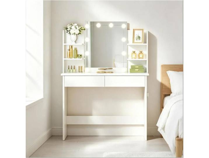 VUENOR Coiffeuse LED 90 x 40 x 135 cm blanc – miroir lumineux 4 étagères 2 tiroirs