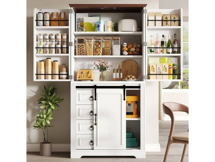 Buffet Haut Blanc 80x39.8x180cm Sécurité Anti-basculement 4 Tiroirs Étagères Réglables Rangement Cuisine