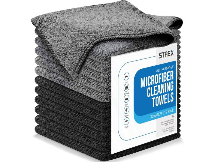 Strex Microvezeldoekjes - Wasbare Schoonmaakdoekjes - 30x30 cm - Grijs Zwart (12 stuks)