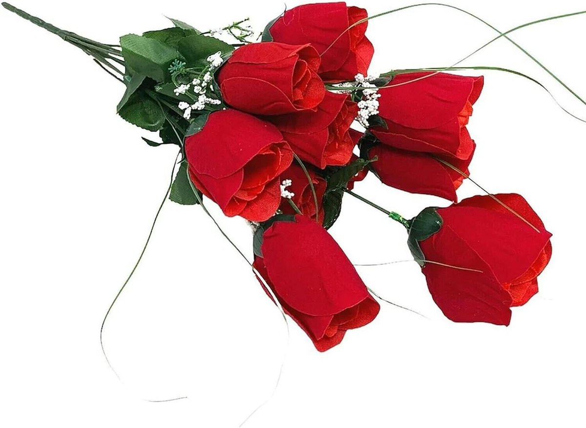 Handgemaakt kunstbloemen boeket met rode zijden rozen, lengte: 43 cm