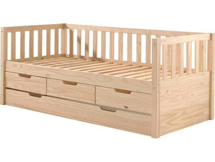 Einzelbett VIPACK mit Schubladen, Kiefer massiv, viel Stauraum und zeitloses Design , beige (milky pine), B:97,8cm H:85,5cm L:211,2cm, Betten, Einzelbett, inkl. Rolllattenrost, mit oder ohne Bettschublade