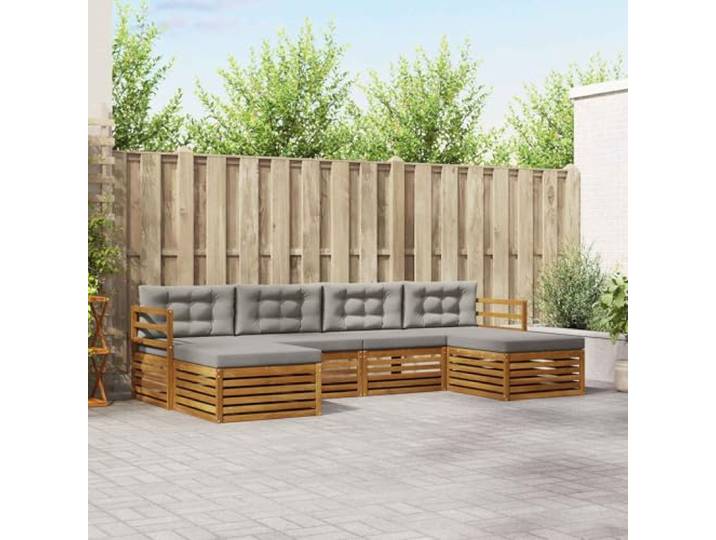 RJPLMFV Sektionalsofa, Akazie, 6-teilig, Grau Modular, Lattenrost, Armlehnen, Massivholz, für Garten, Terrasse, Pool