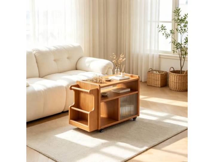 Multifunktionaler mobiler Couchtisch mit Zeitschriftenhalter und Stauraum Beistelltisch aus massivem Gummiholz, schmaler moderner Couchtisch im Mid-Century Stil(Cherry)