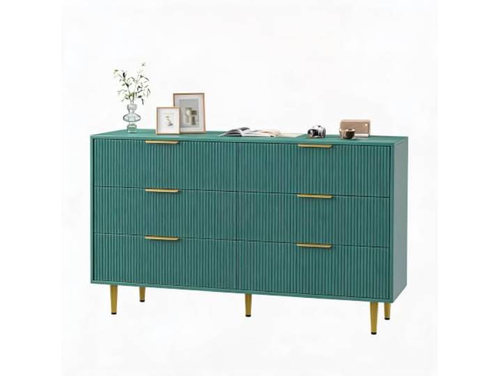 GarveeHome Moderne 6-Schubladen Kommode in Grün Goldene Metallgriffe Füße Fluted Design Goldene Metallgriffe Füße Für Schlafzimmer Wohnzimmer Flur 142x46x86 cm