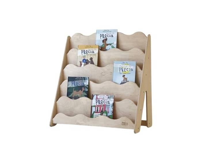 Babywood Bücherregal Wave M – Montessori Kinder-Bücherregal, frontales Regal mit 5 Ebenen, offenes Standregal aus Birkenholz, kinderfreundliche Höhe für Kinderzimmer, Größe M (Natur)