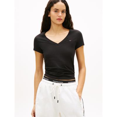 Kurzarmshirt TOMMY JEANS "TJW SLIM V-NECK TEE", Damen, Gr. L, schwarz, Single Jersey, Obermaterial: 100% Baumwolle, unifarben, slim fit hüftlang, V-Ausschnitt, abgesteppt, Shirts, mit Logo-Stickerei