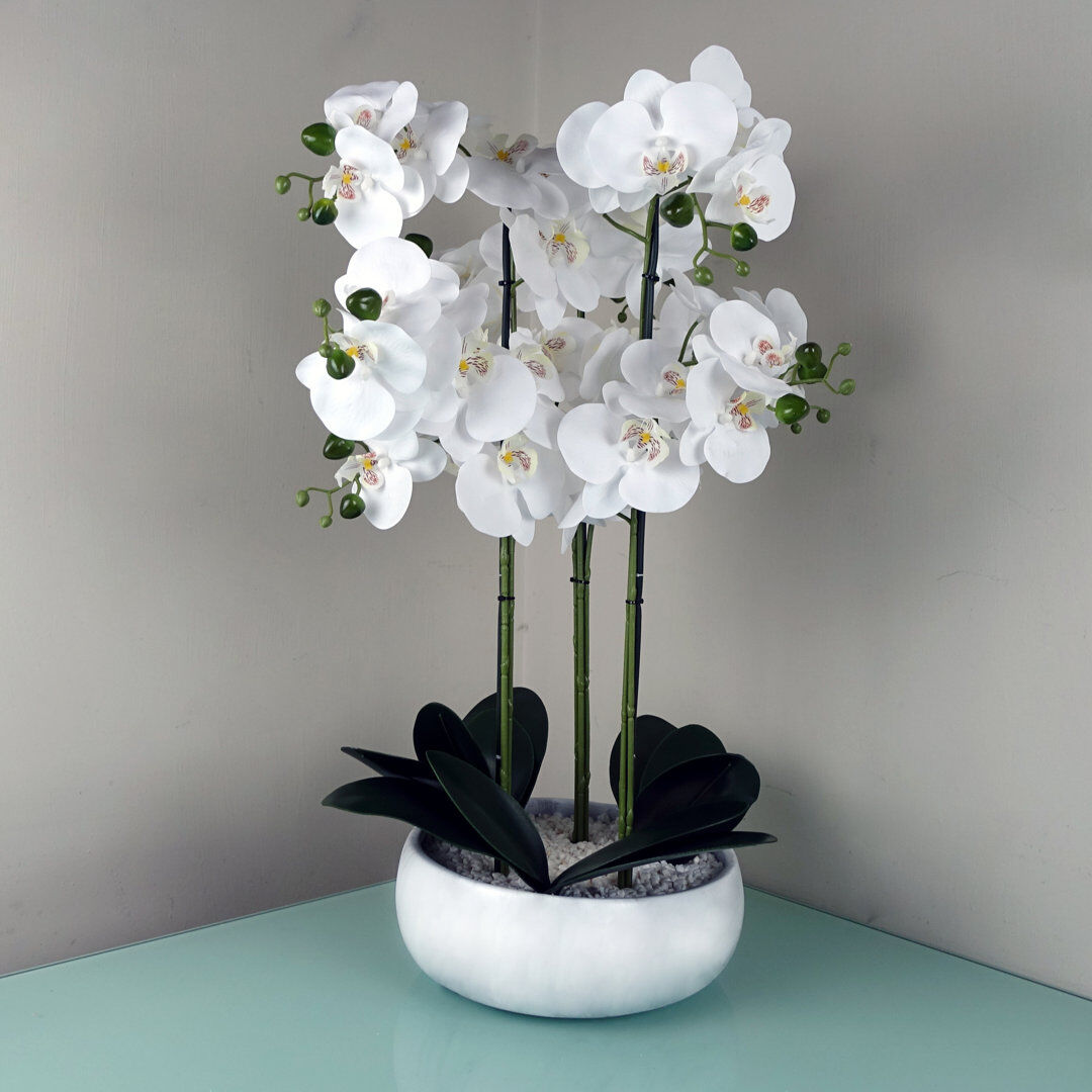 Leaf Plastic, Silk Artificial Arrangement in Planter White 60cm H X 40cm W X 40cm D