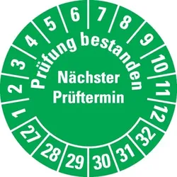 Dreifke® Prüfplakette Prüfung bestanden Nä.Prüft.27-32, grün, Dokufolie, Ø 30mm, 108/Heft