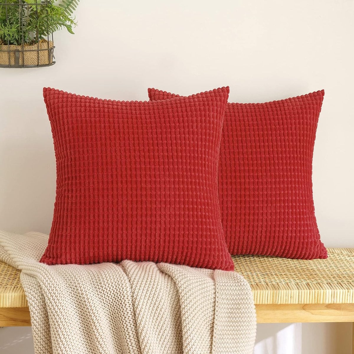 Set van 2 rode ribfluwelen kussenslopen voor decoratieve sierkussens, 45 x 45 cm
