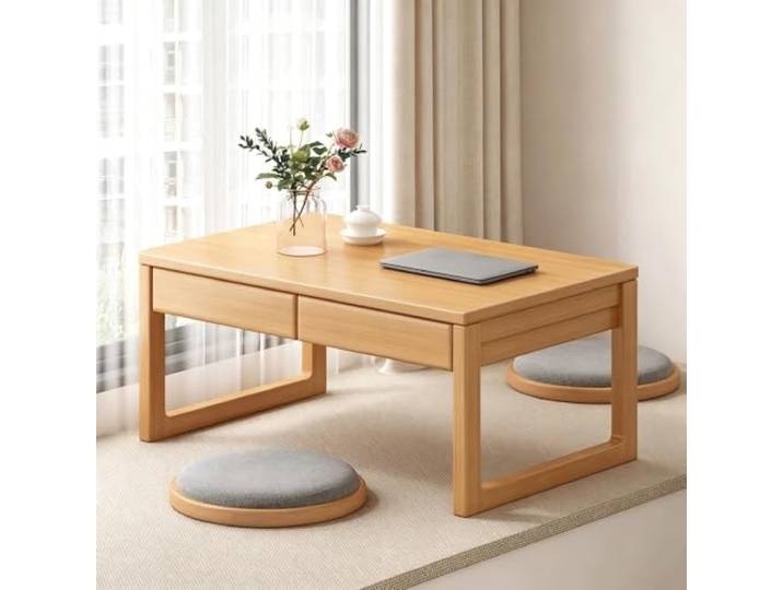 CFMAIF Japanischer Bodentisch, Niedriger Bambusschreibtisch für Meditation Klappbarer Kaffeetisch, japanischer Tee- und Couchtisch, Beistelltisch mit Schubladen(Wood,120cm/47.2in)