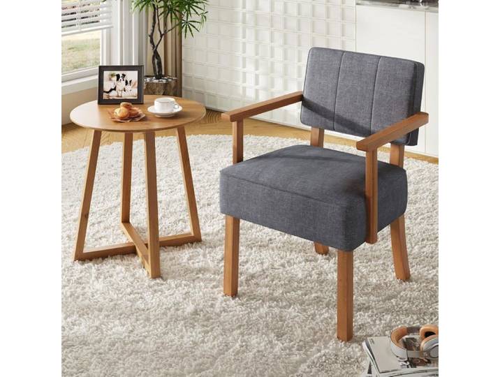 FAUTEUIL-Fauteuil d'appoint Mid-Century Moderne gris revêtement lin cadre bois massif pour salon chambre lecture détente gris