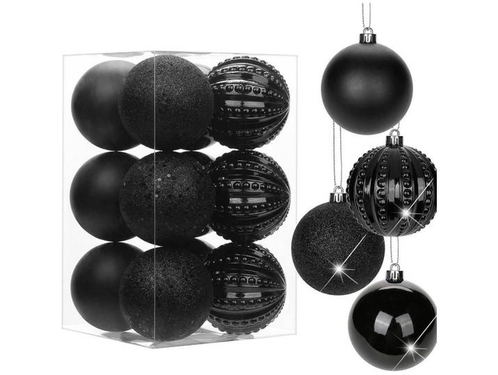 Weihnachtskugeln 12 Stück 8 cm Schwarz Bruchsicher Kunststoff, 8x8x8 cm, Dekoration, Weihnachtsdekoration, Christbaumschmuck, Christbaumkugeln