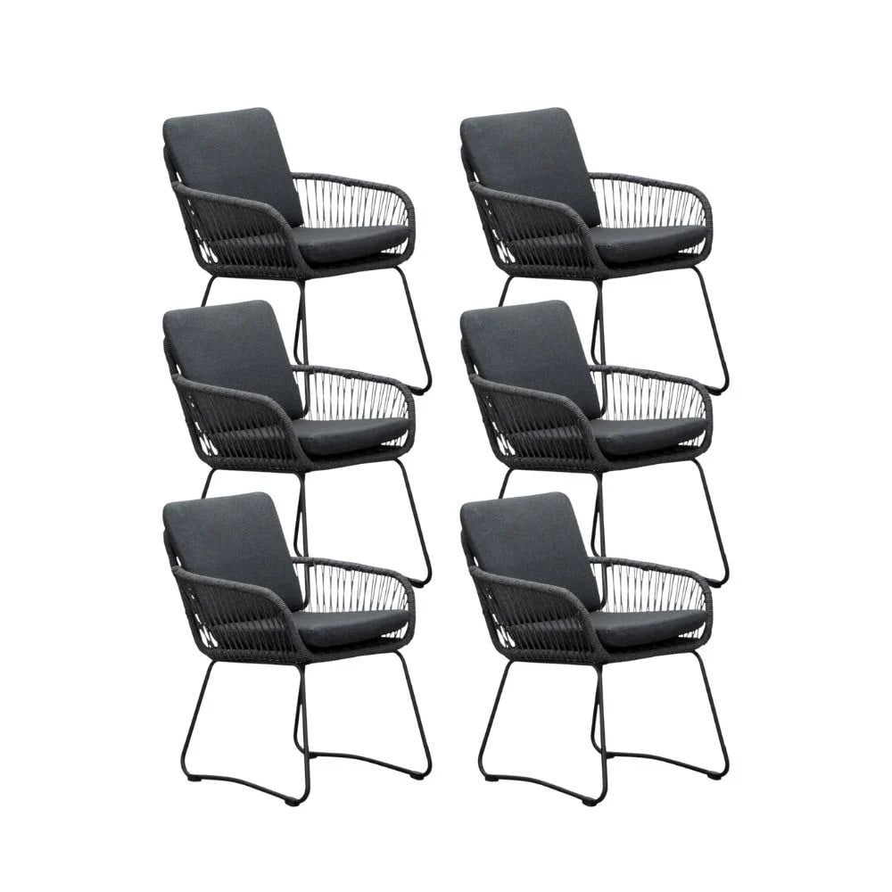 Harper dining tuinstoel set van 6 met touw en rvs in Lava Grey