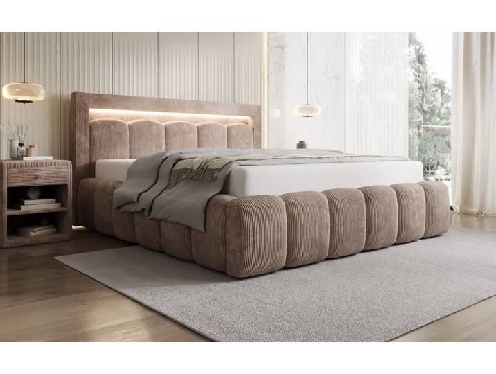 Designer Polsterbett Lume in Cord mit Stauraum und RGB Beleuchtung - 160x200 - Blush - Luxusbetten24