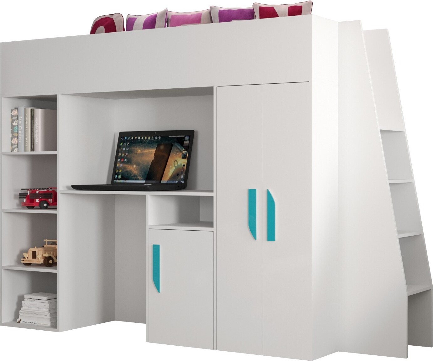 MINIO go for it, Etagenbett "PARTY 15", Türkise Griffe aus MDF, Weiße Farbe