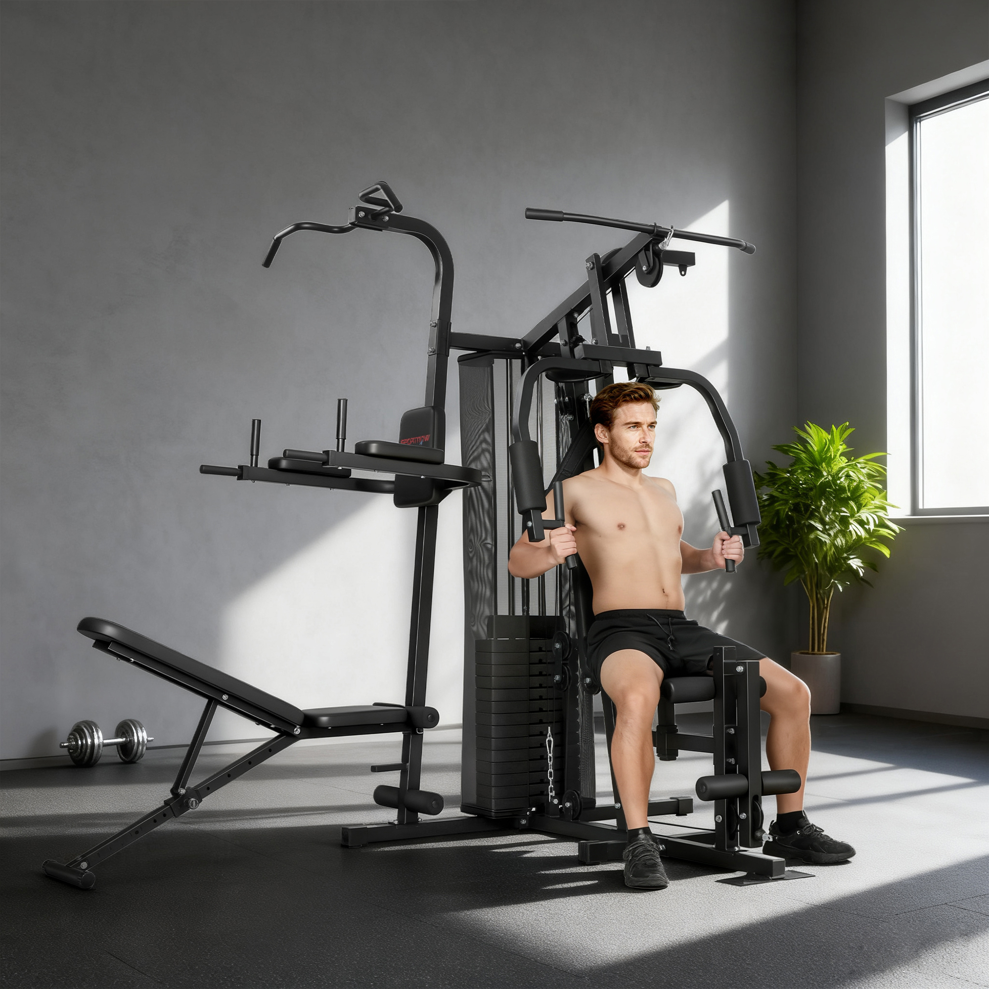 Sportnow Palestra Multifunzione, Sistema a Pulegge, Panca Regolabile, Pacco Pesi da 69 kg, Cavi, Allenamento per Palestra Casa, Nero   Aosom Italy