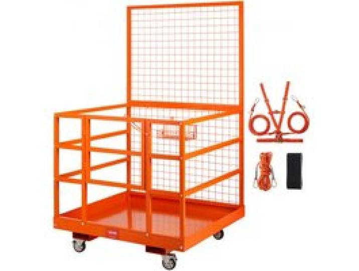 VEVOR Cage de Sécurité Chariots Élévateurs Capacité 635 kg Nacelle Plate-forme de Travail 114,3x109,2x203,2 cm Harnais Sécurité Verrou Drainage Roues Panier Outils Antidérapant pour Travaux en Hauteur