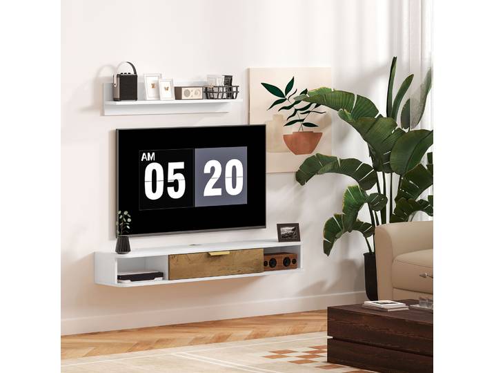 HOMCOM Meuble TV Suspendu avec Étagère Murale Bois Blanc