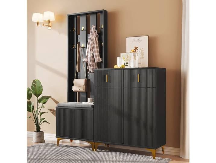 Ensemble D Entree Noir Avec Banc Vestiaire Moderne FloraGrace Pour Entree Et Couloir 2 Tiroirs 2 Portes 143 5x35 2x180 5cm