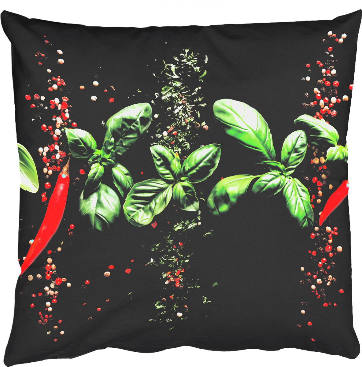 Sierkussen voor de woonkamer met chilipepers, basilicum en blaadjes in de kleur rood, 45 x 45 cm