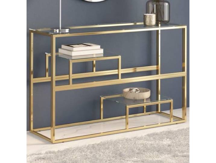 HEFZGDB Konsolentisch Golden Edelstahl und Hartglas mit schmutzabweisender Oberfläche, robuster Flurtisch für Wohnzimmer und Eingangsbereich, modernes Design, pflegeleicht und stabil.