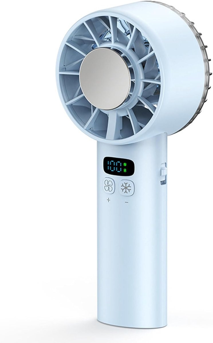 Blauwe oplaadbare mini handventilator met 12 uur gebruiksduur
