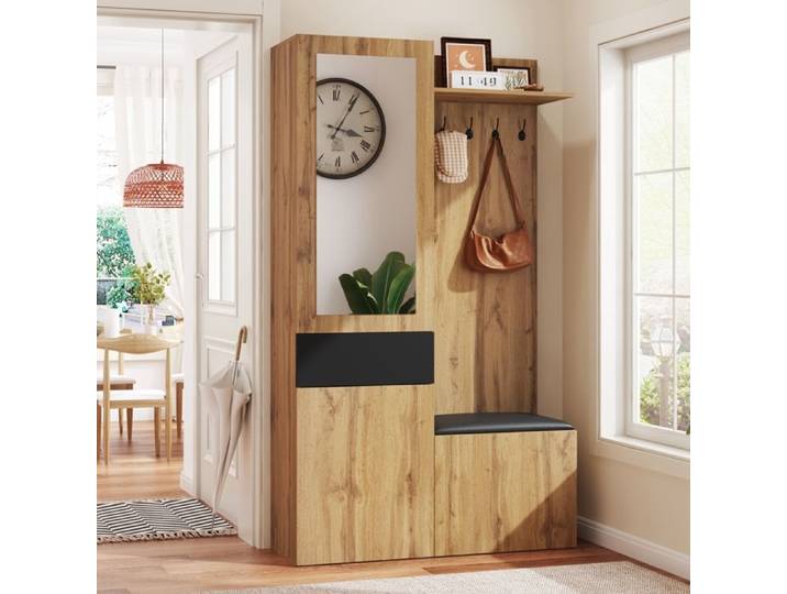 Ensemble Porte-Manteau avec Miroir 5 Crochets Armoire à Chaussures Tiroirs Armoire Intégrée Banc Meuble d'entrée Moderne
